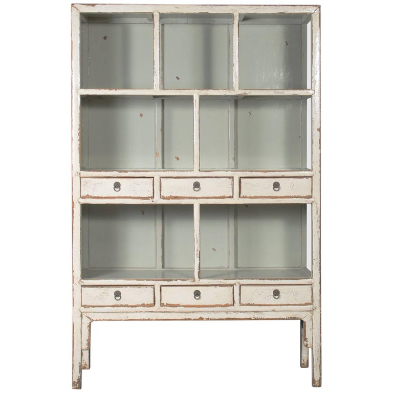 Chinese Open Shelf Cabinet With Cream Colored Lacquer Finish At