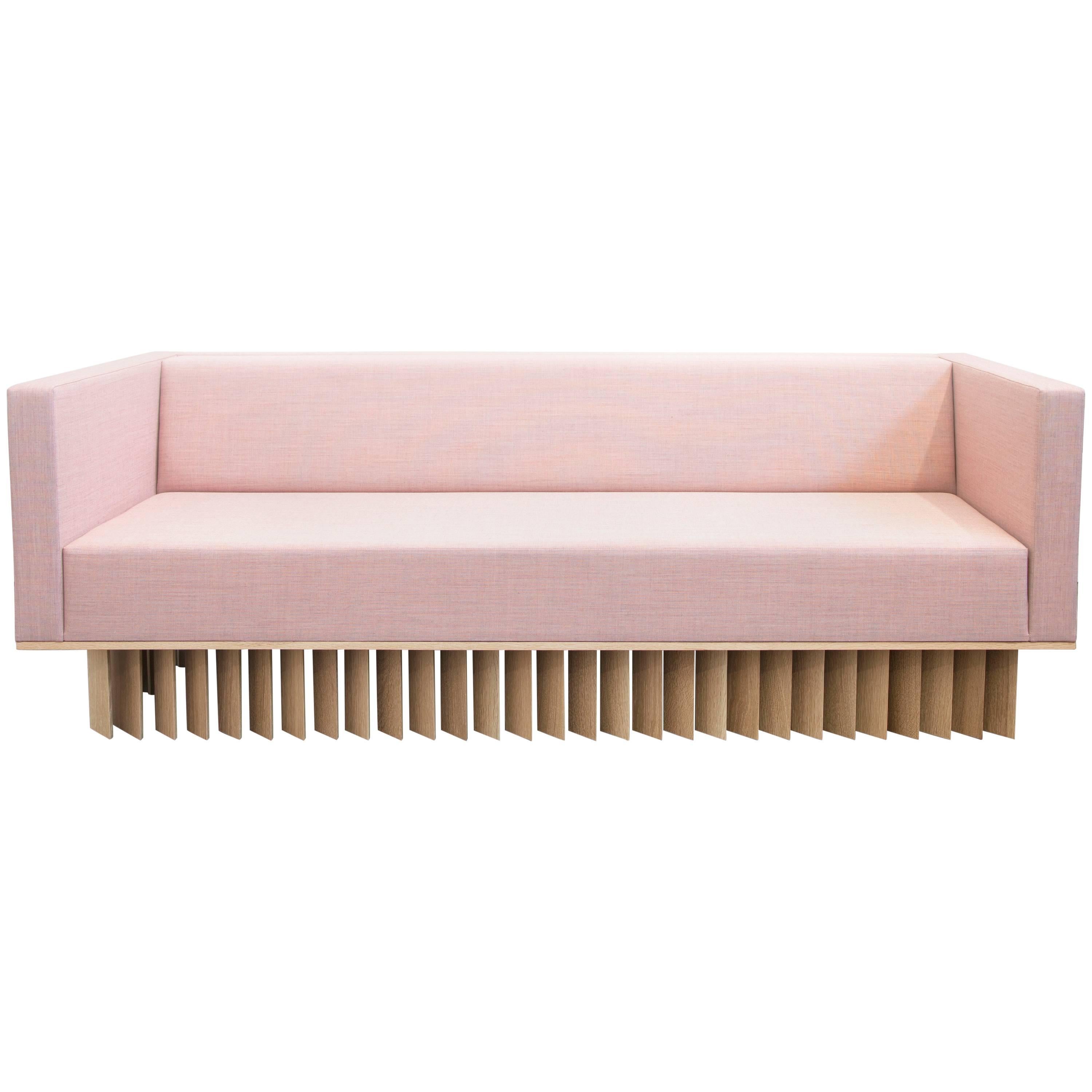 Angled Wood Bar Sofa in Oak and Pink Kvadrat Upholstery For Sale