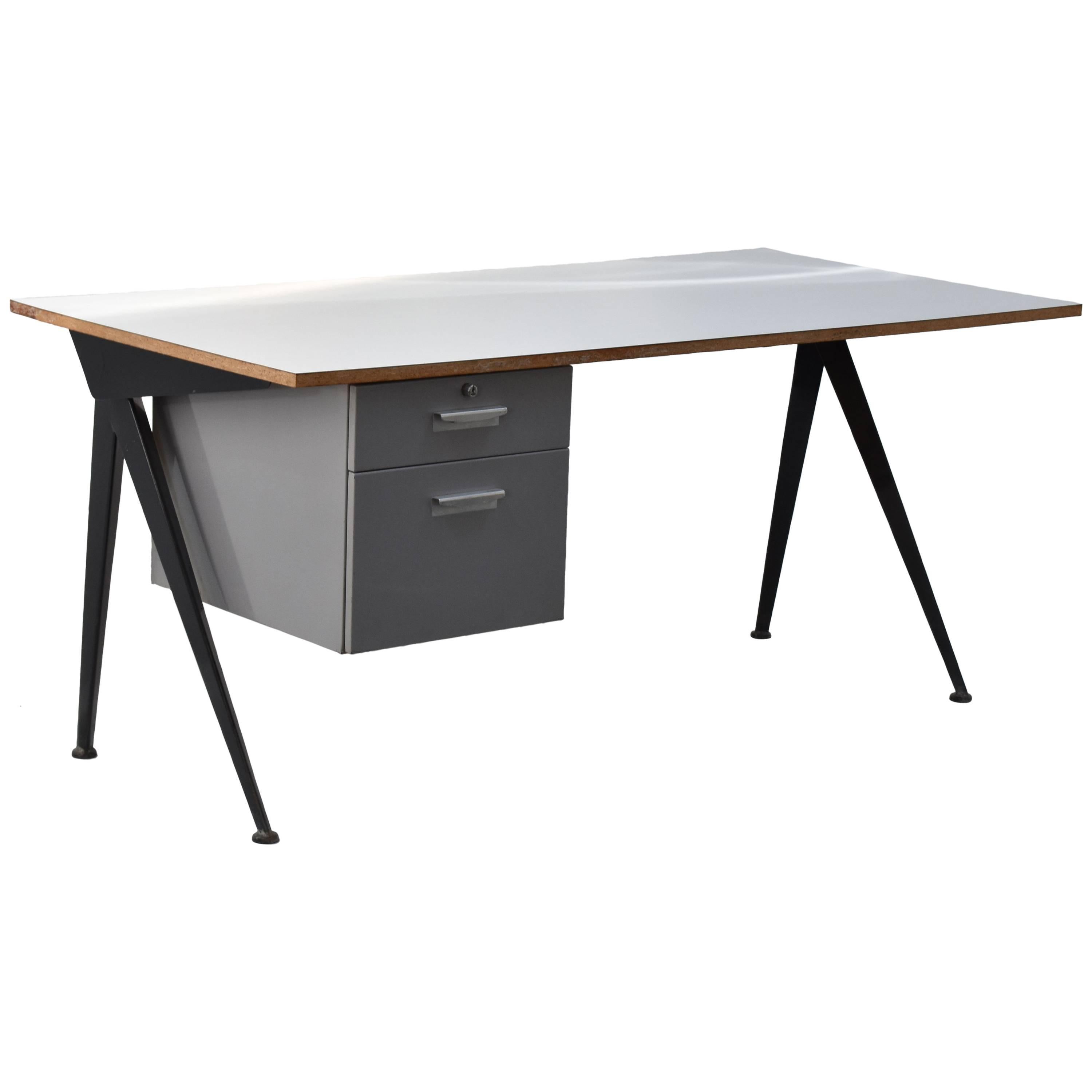 Jean Prouvé, Large Compas Desk, White Formica Top Black Lacquered Metal
