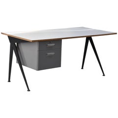 Vintage Jean Prouvé, Large Compas Desk, White Formica Top Black Lacquered Metal