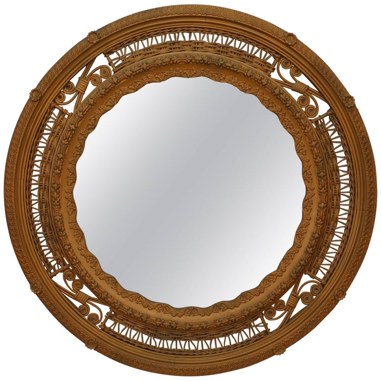 American Victorian Round Wicker Wall Mirror For Sale