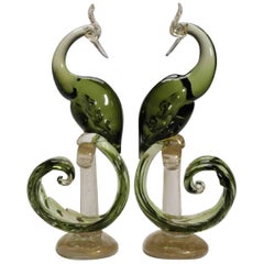 Rare Green Alfredo Barbini Murano Large pair of Sculptural birds