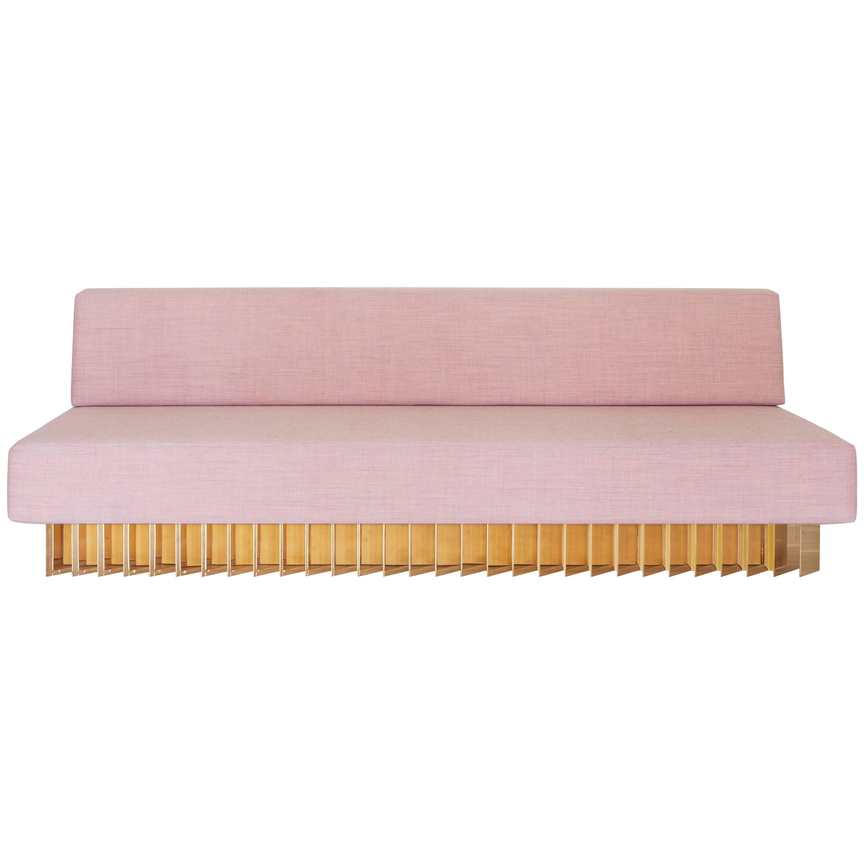 Angled Brass Bar Armless Sofa in Brass and Pink Kvadrat Upholstery  For Sale
