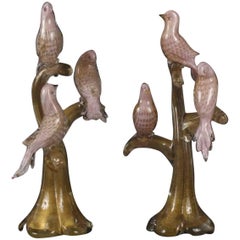 Amazing Pair of Large Murano Bird in Tree Sculptures by Alfredo Barbini