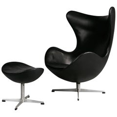 Used Arne Jacobsen Leather Egg Chair & Footstool for Fritz Hansen, Double Signed 1965