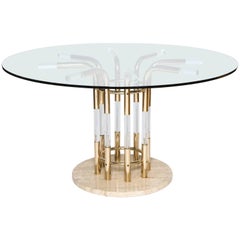 Vintage Lucite Marble and Brass Centre or Dining Table, France, 1970s