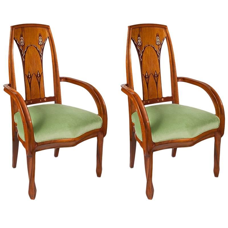 Pair of French Art Nouveau Beach Wood Armchairs by Louis Majorelle