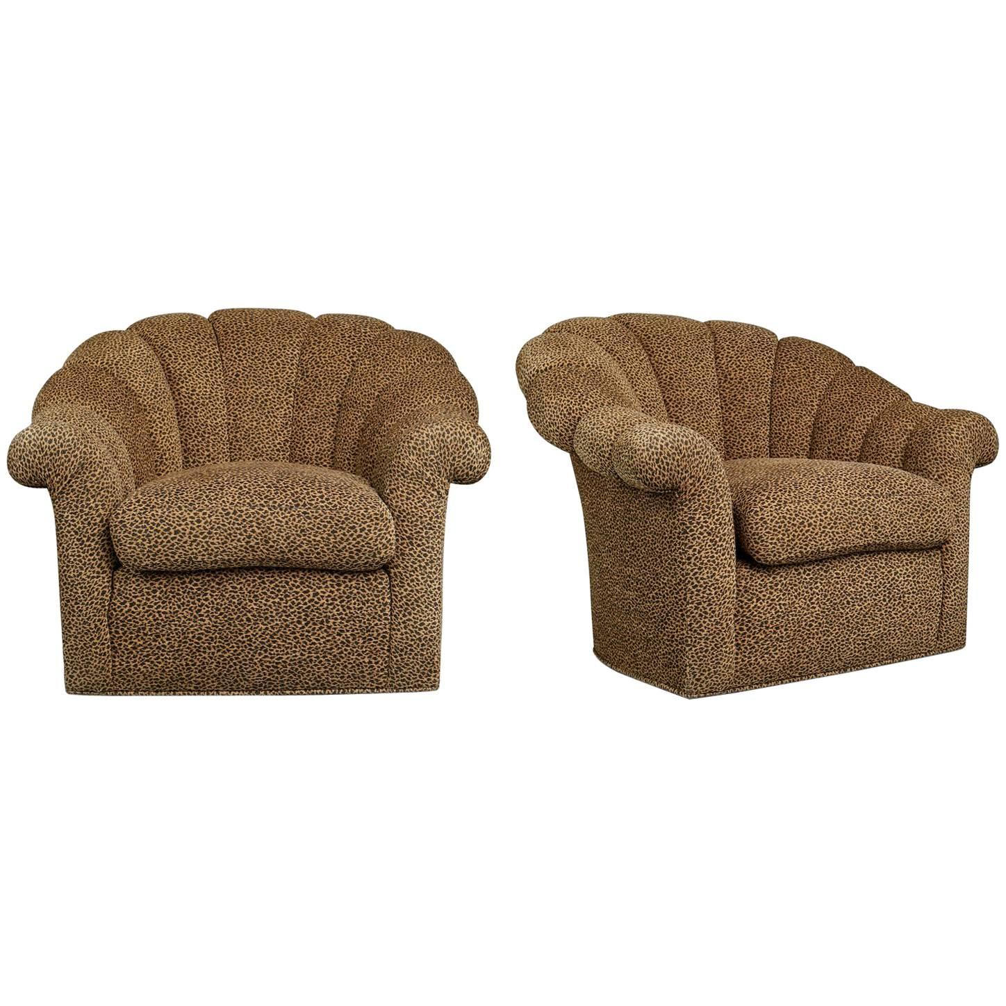Art Deco Style Leopard Print Swivel Club Chairs with Channel Tufting, Pair
