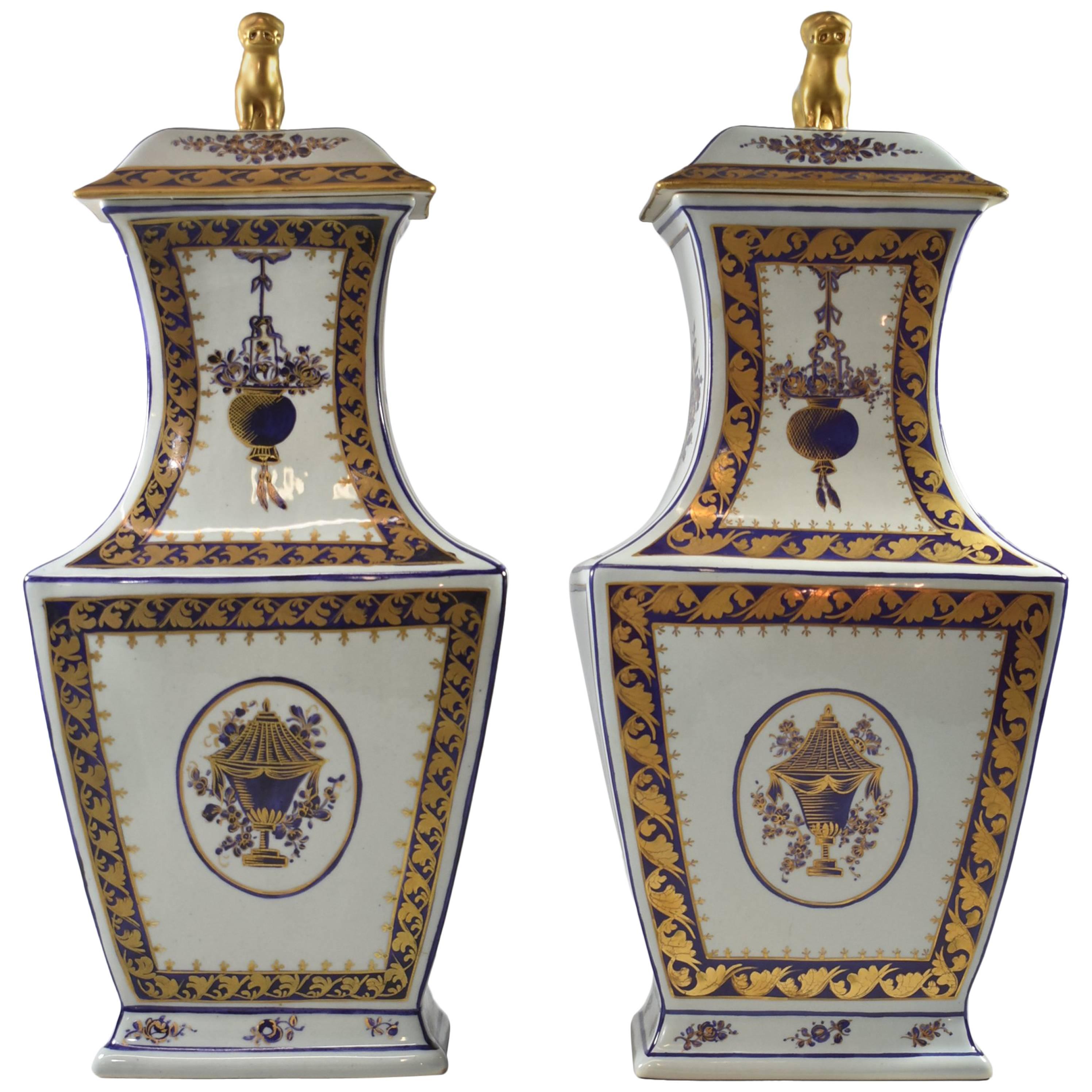 Tall Golden Foo Dog Covered Vases/Urns by Mottahedeh Reproduction Lowestoft Pair