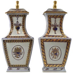 Tall Golden Foo Dog Covered Vases/Urns by Mottahedeh Reproduction Lowestoft Pair