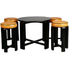 Vintage French Art Deco Cocktail Nesting Table and Four Leather Stools, circa 1940