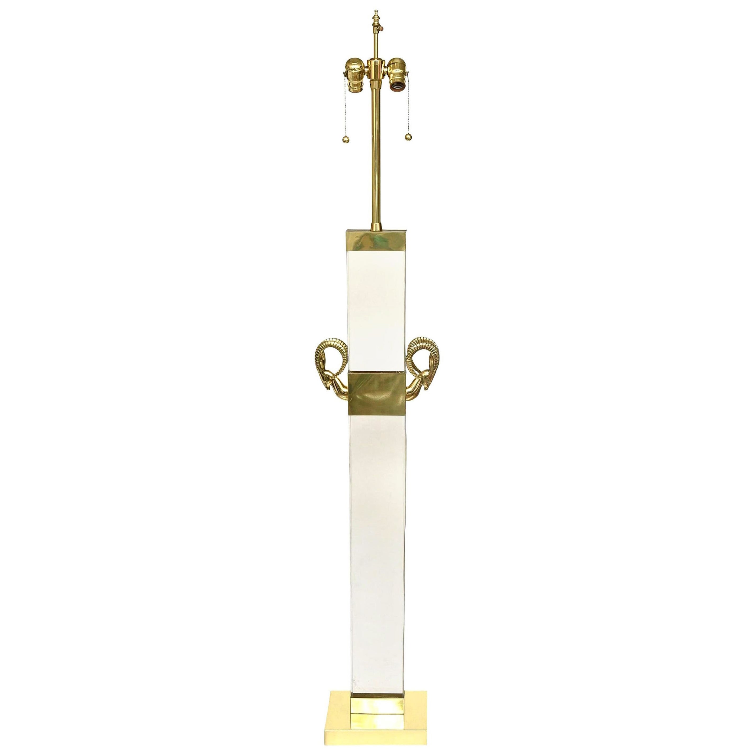 Lucite and Brass Ram's Head Regency Style Column Floor Lamp Vintage
