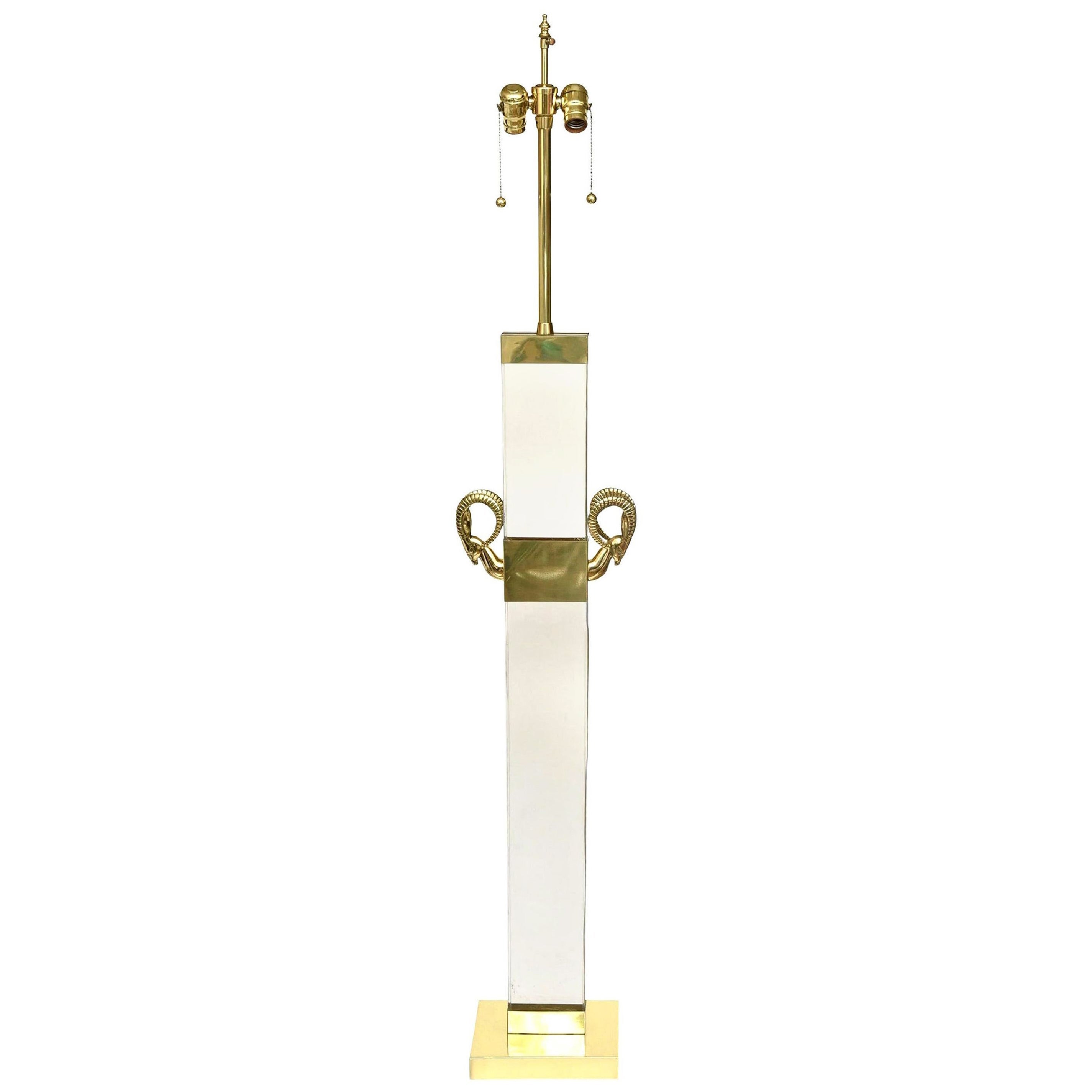 Vintage Lucite and Brass Ram's Head Regency Style Column Floor Lamp