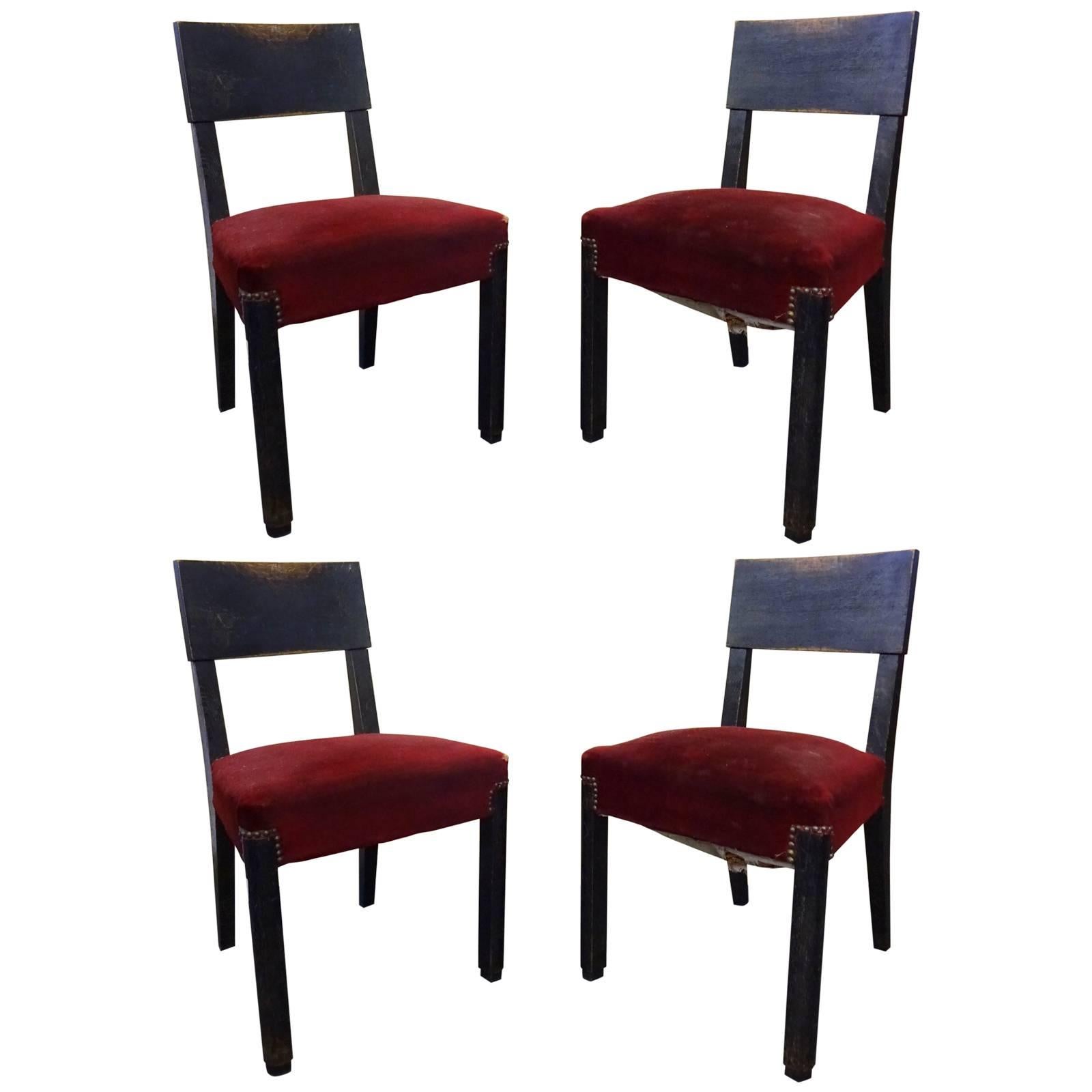 Set of Four Blackened Oak Chairs by Charles Dudouyt