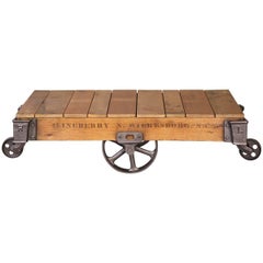 Vintage Rolling Cart Coffee Table Industrial Rustic Wood and Cast Iron Factory  
