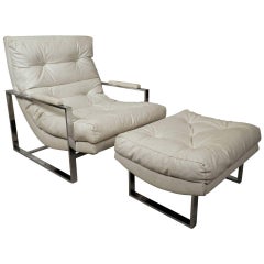 Milo Baughman Style Tufted Lounge Chair with Ottoman
