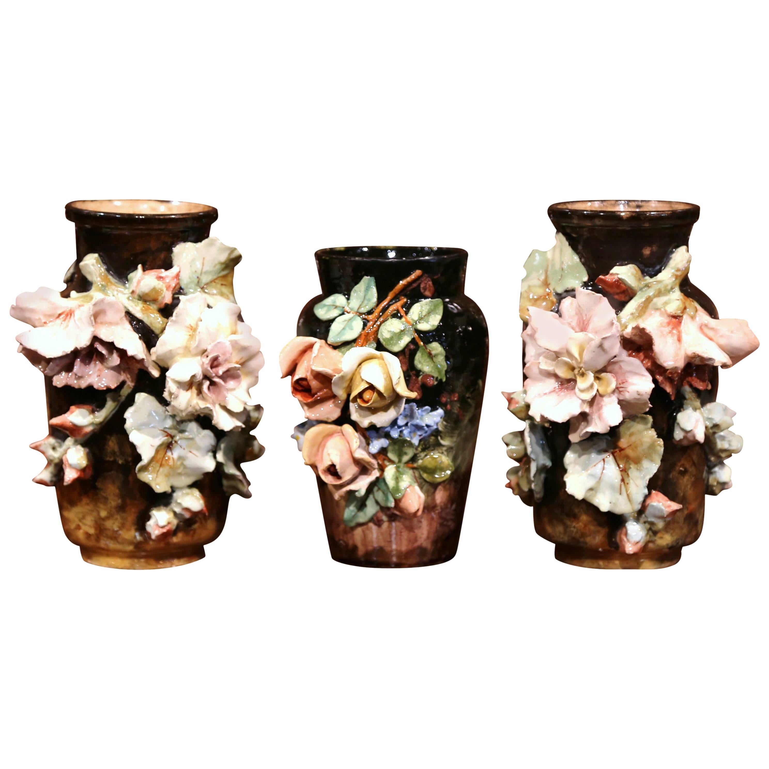 Set of 19th Century Hand-Painted Barbotine Vases with Flowers from Montigny 