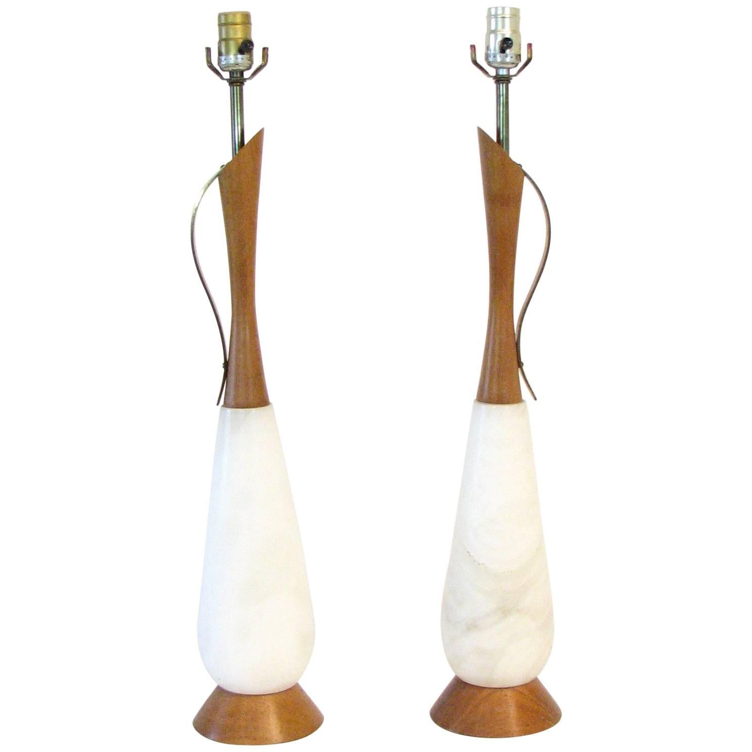 Pair of Teak and Alabaster Midcentury Italian Lamps For Sale