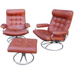 Retro Midcentury Reclining Stress Less Lounge Chairs and Ottoman by Ekornes
