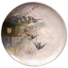 19th Century, French Hand-Painted Wall Hanging Platter with Birds Dated 1891