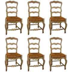 Set of Six French Painted Kitchen Dining Chairs with Rush Seats