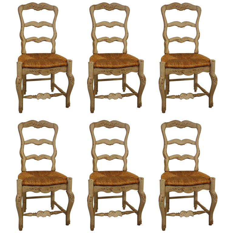 Set of Six French Painted Kitchen Dining Chairs with Rush Seats 1