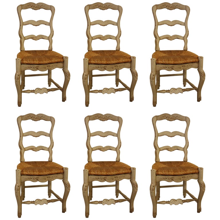 Set of Six French Painted Kitchen Dining Chairs with Rush Seats 1