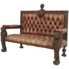 Rustic Continental Owl Walnut and Leather Loveseat