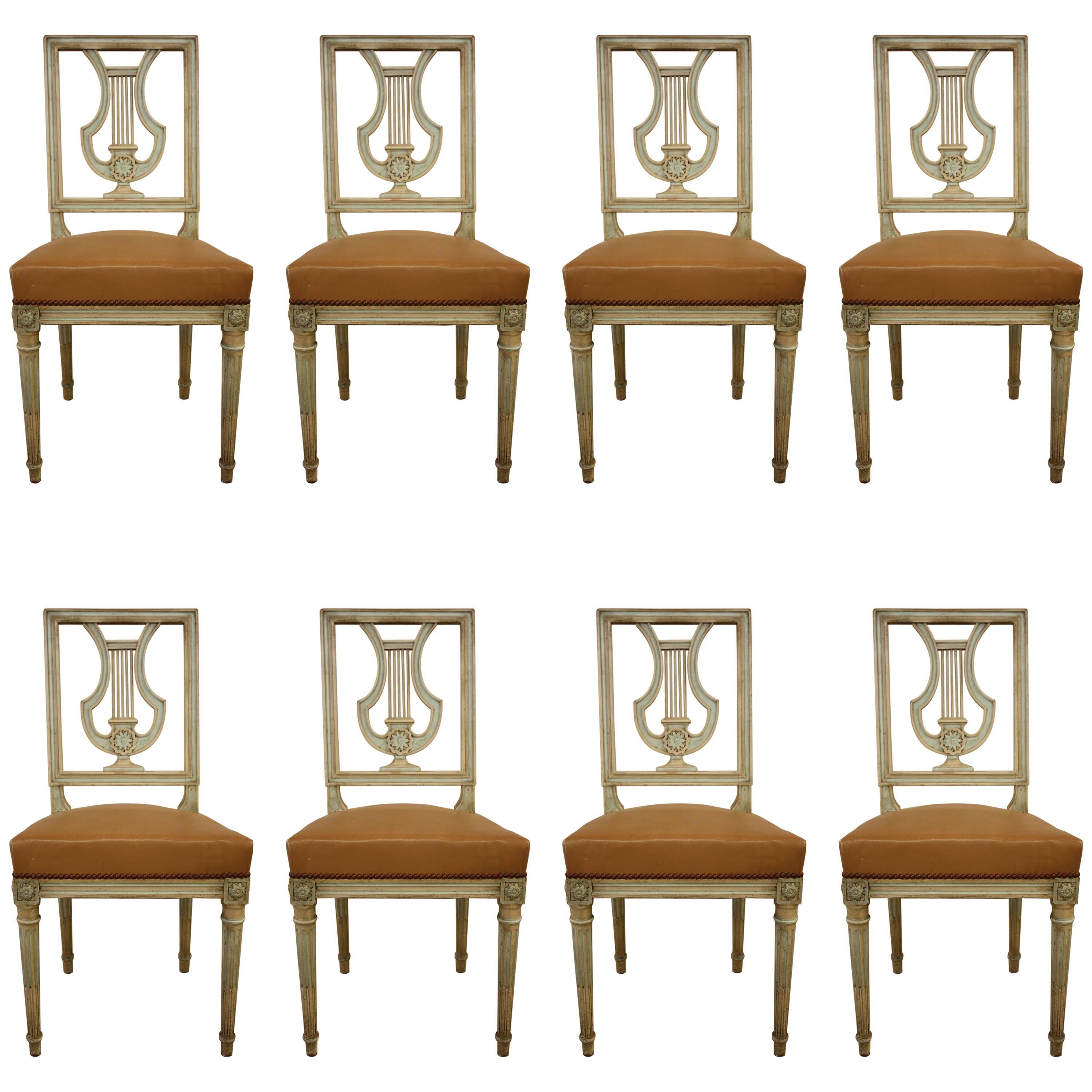 Set of Eight Swedish Painted Lyre Back Chairs with Leather Seats