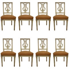 Antique Set of Eight Swedish Painted Lyre Back Chairs with Leather Seats