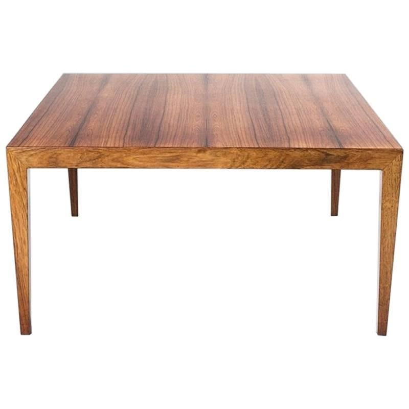 1960s Danish rosewood coffee table beautifully crafted on elegantly tapered legs with original Danish Furniture Makers Control label attached to underside. Attributed Designed by Severin Hansen for Haslev Mobelsnedkeri.