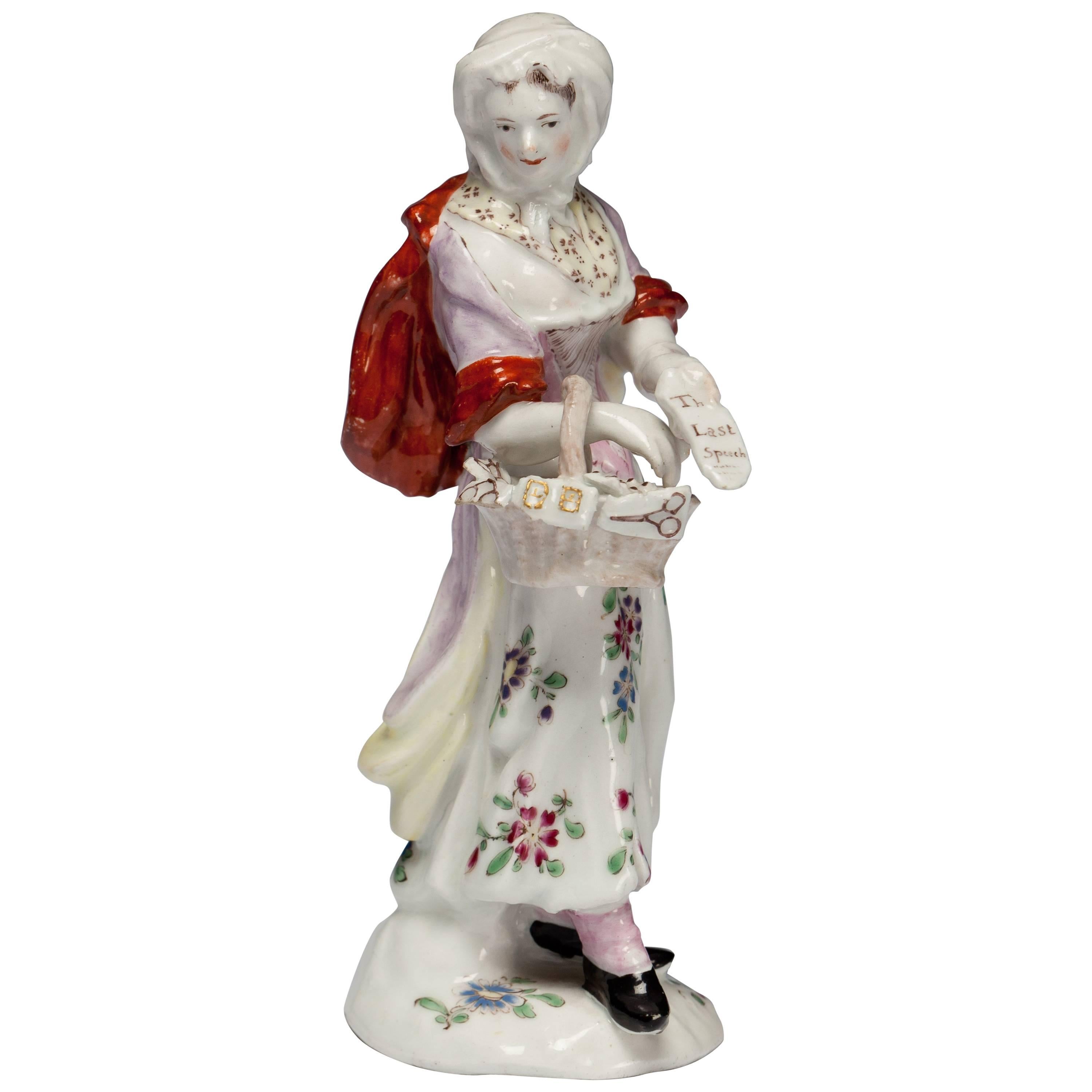 Figure: Female Pedlar, Possibly Peg Woffington, Bow Porcelain, circa 1758 For Sale