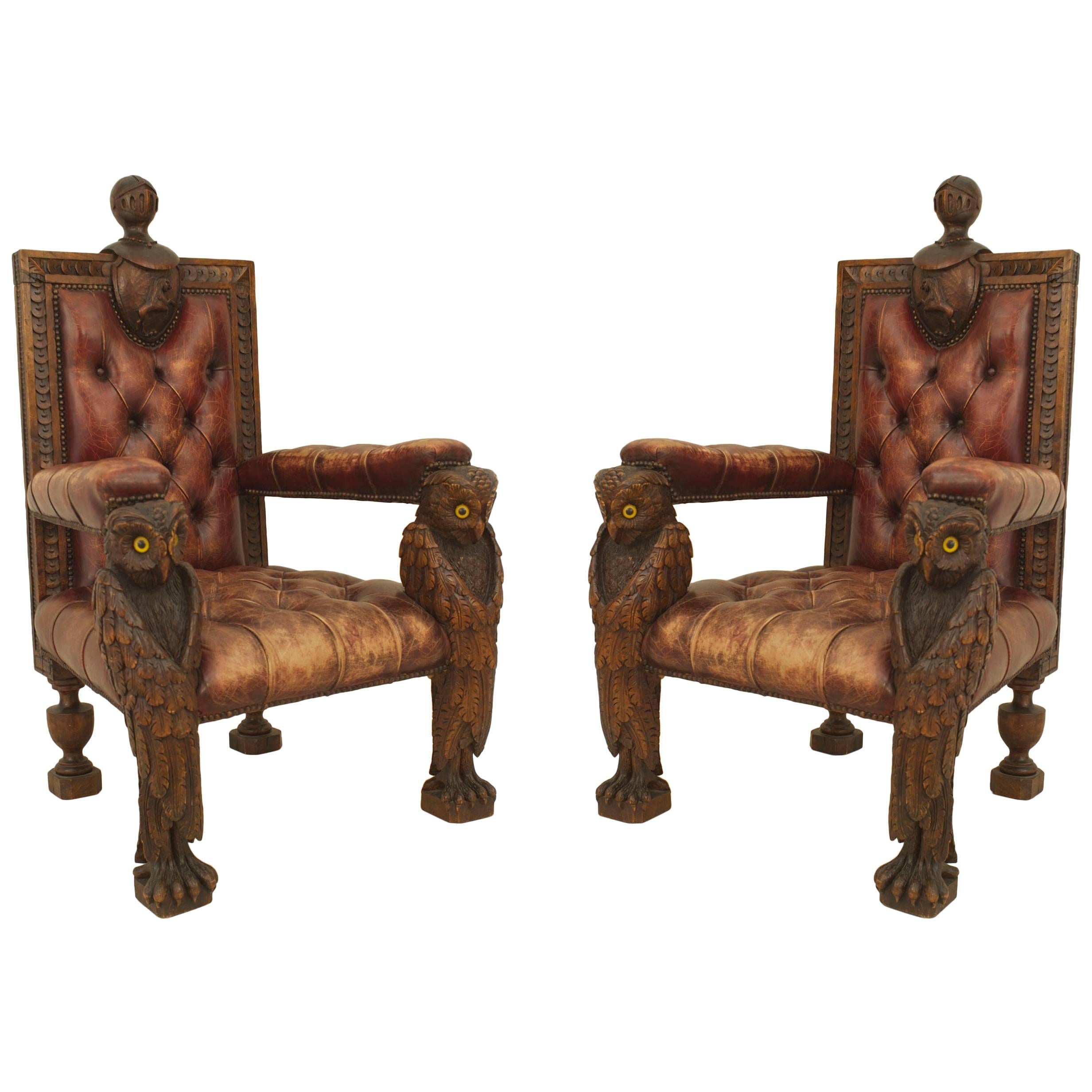 Pair of Rustic Continental Owl Leather Armchairs