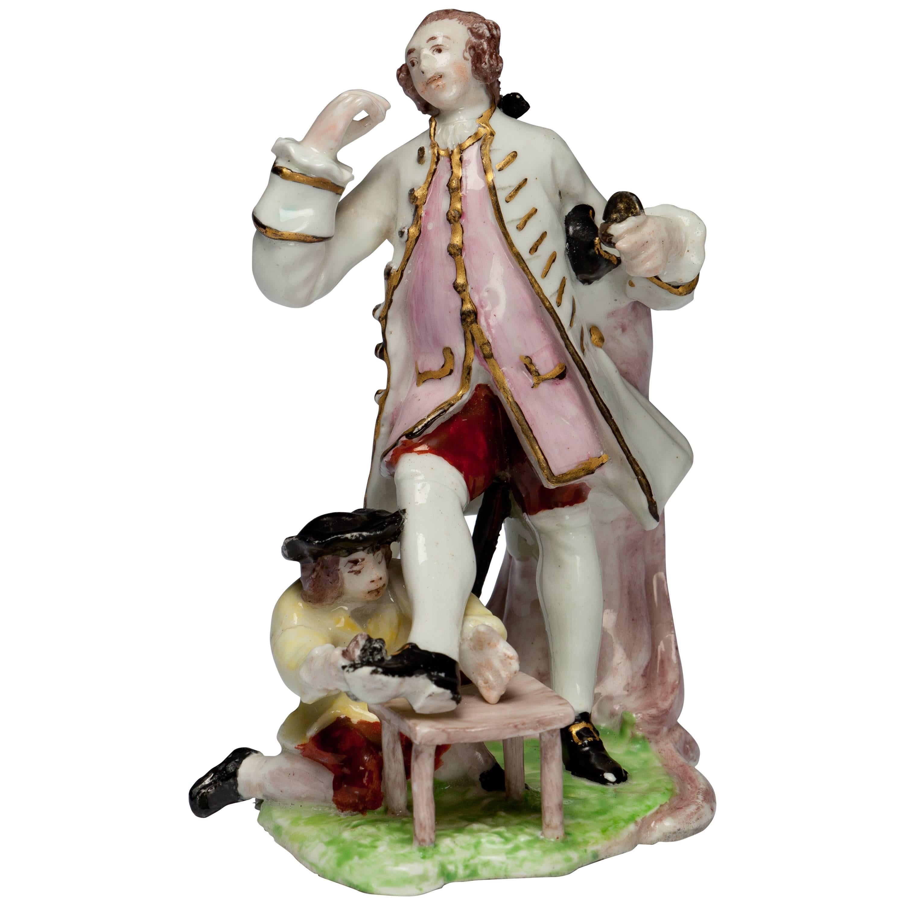 Figure: David Garrick and the Shoeshine Boy, Bow Porcelain, circa 1751 For Sale