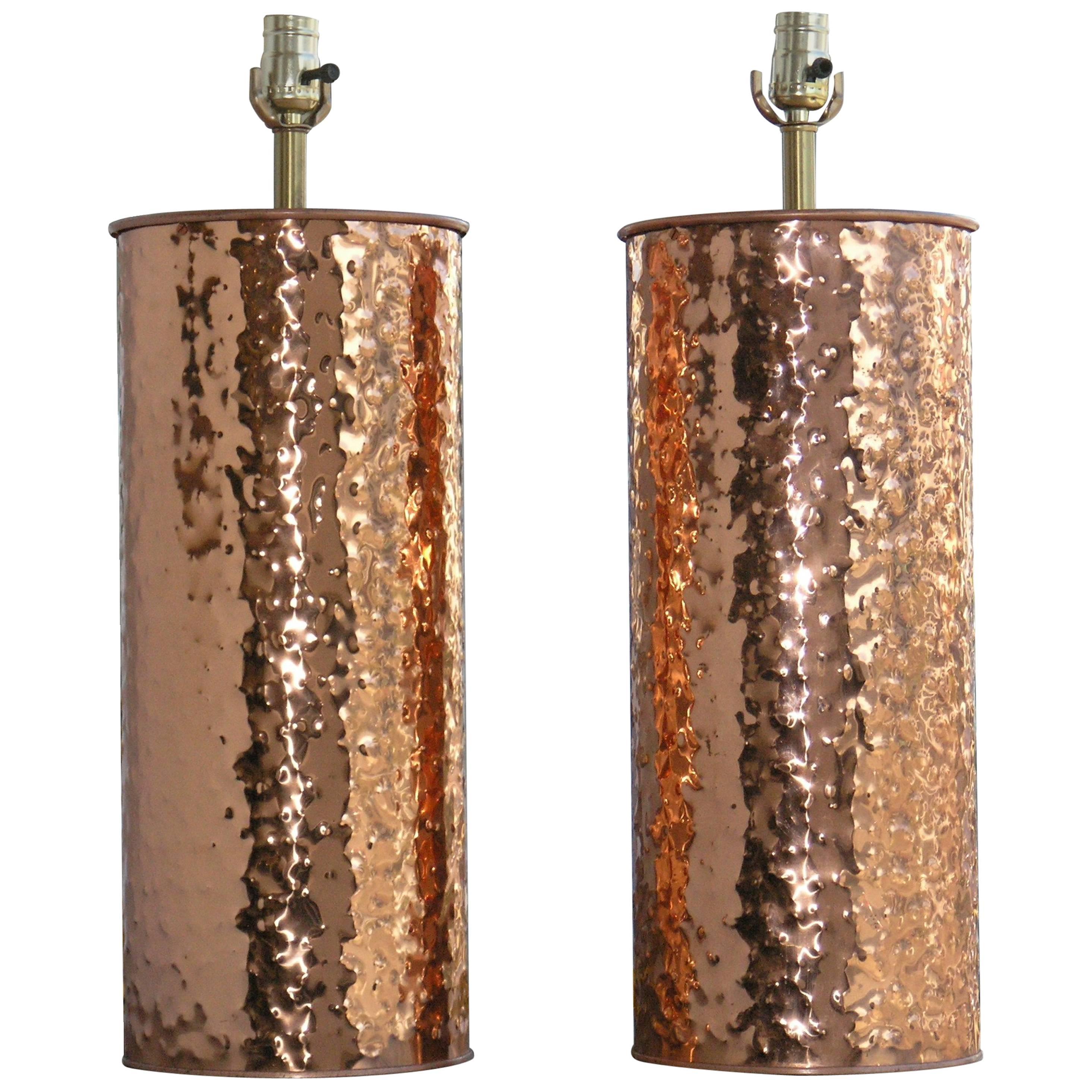 Large Pair of Mid-century Hammered Copper Lamps For Sale