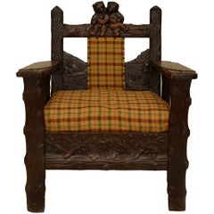 Rustic Black Forest Oak Arm Chair with Carved Bears 