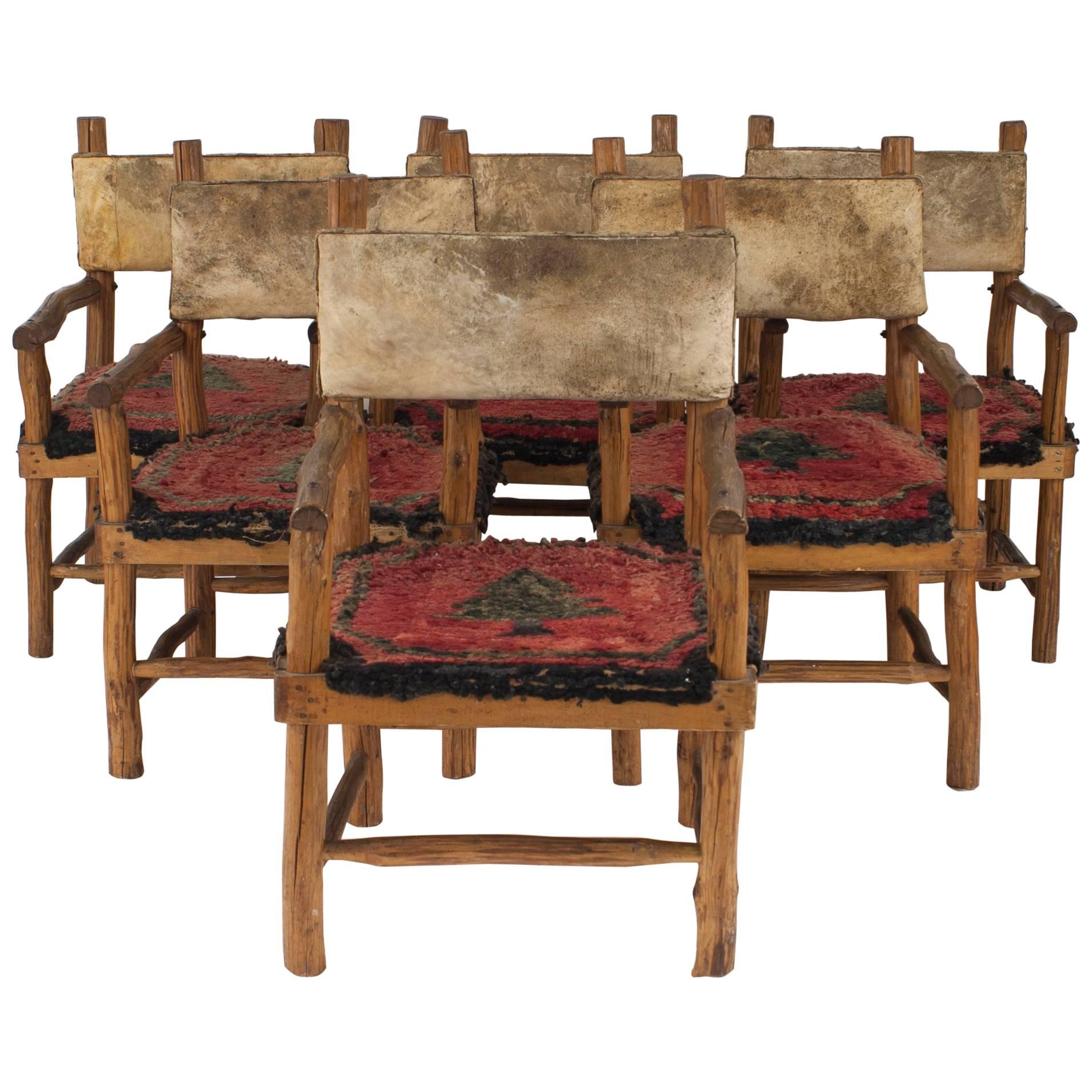 Set of 6 Rustic Adirondack Hooked Rug Arm Chairs For Sale