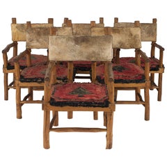 Vintage Set of 6 Rustic Adirondack Hooked Rug Arm Chairs