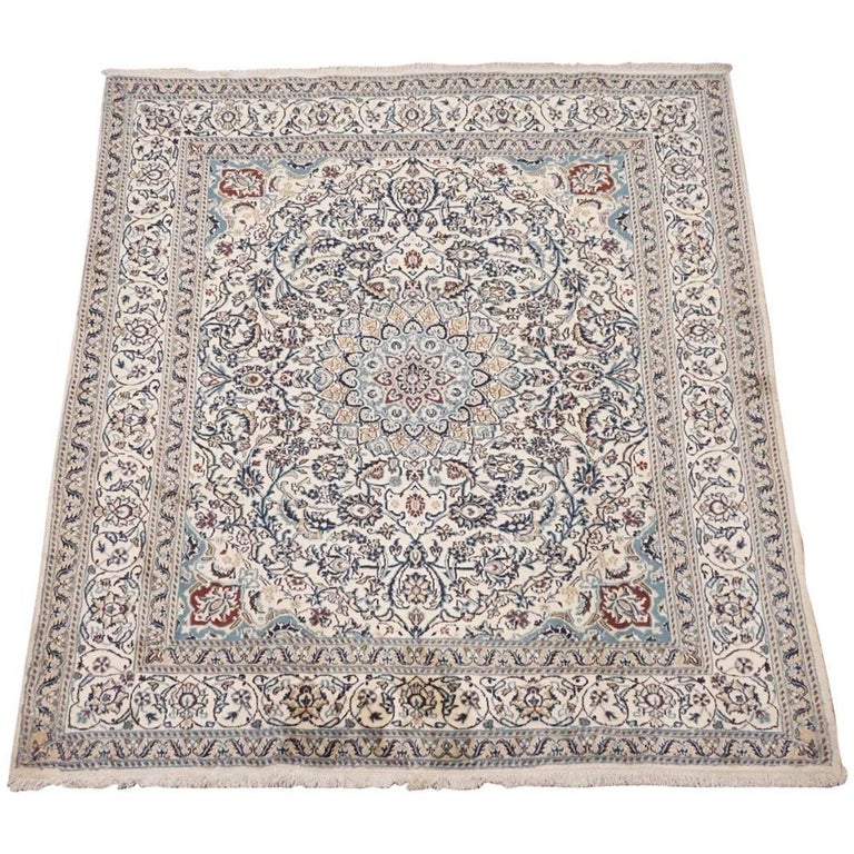 Ivory Wool and Silk Persian Naein Area Rug For Sale at 1stDibs