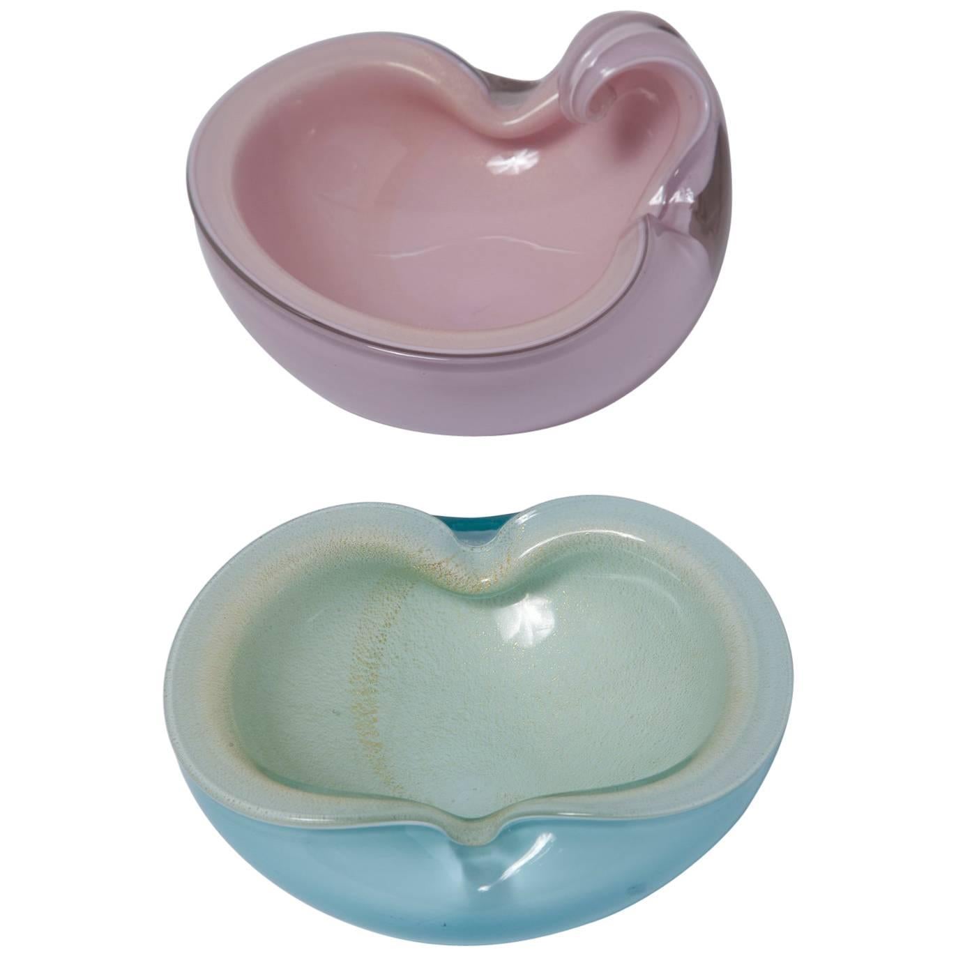 1950s Murano Art Glass Bowls in Gold Dusted Pink and Blue by Alfredo Barbini
