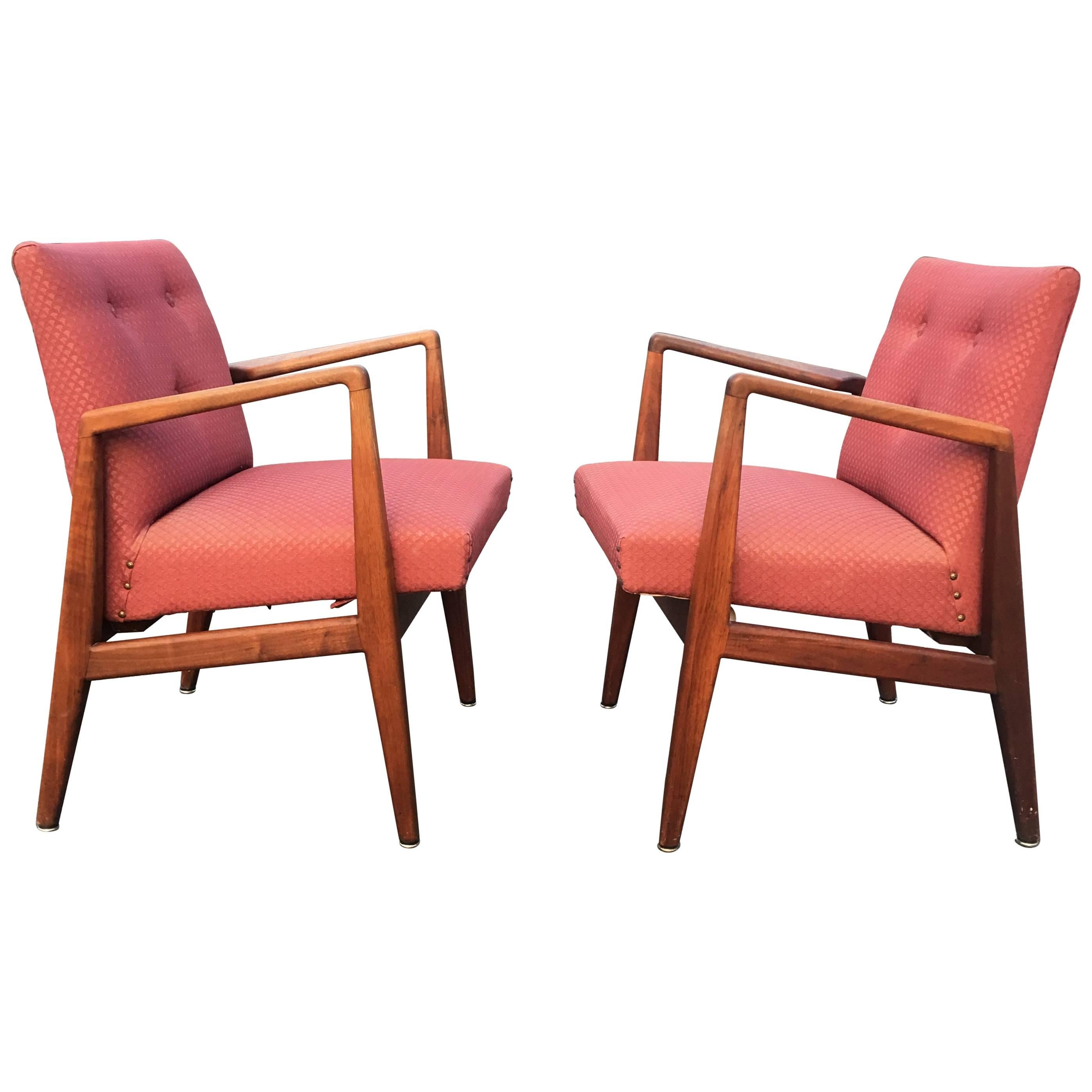 Two Gorgeous Jens Risom Sculptural Walnut Armchairs