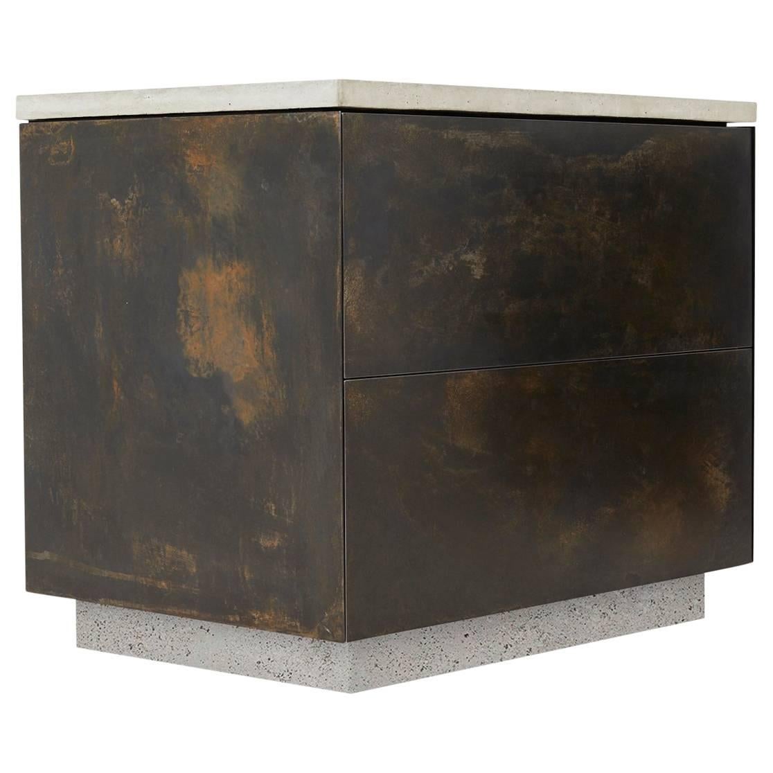 Patinated Steel, Cast-Concrete and Walnut "S.O. Side Table" with Drawers 