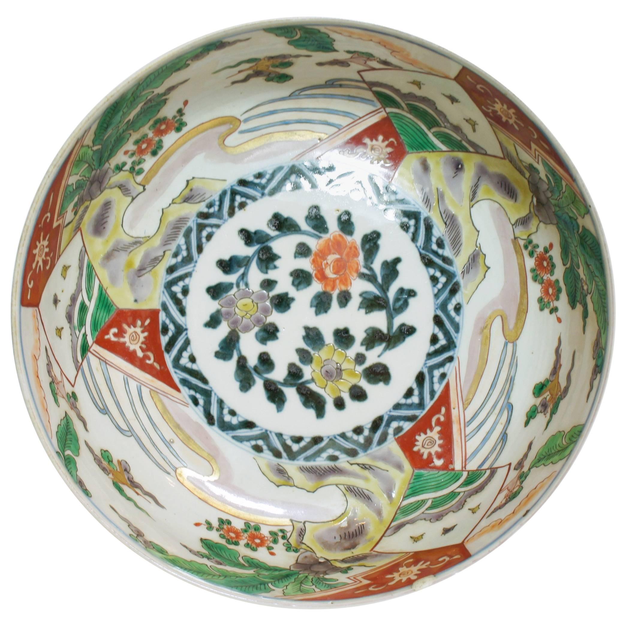 Japanese Colorful Landscape and Floral Motif on Ceramic Koimari Ware Bowl, 1800s