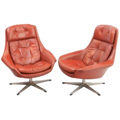 Norwegian Leather Swivel Armchairs by Henry Walter Klein, 1970