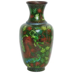 Chinese Dragon and flower Painting on Emerald Green Cloisonné Vase, 1910s