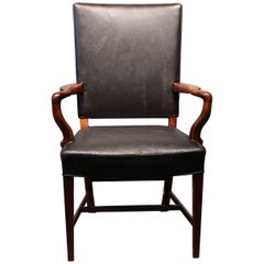 Armchair in Walnut and with Original Black Leather Fritz Henningsen, 1940s