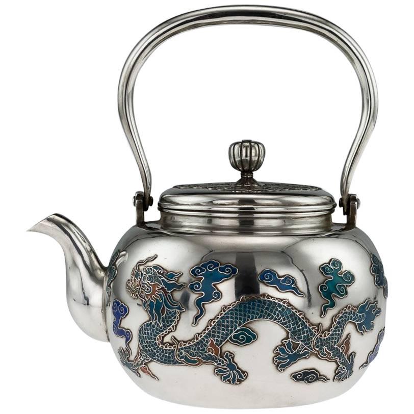 Antique Rare Chinese Export Solid Silver & Enamel Teapot, circa 1880