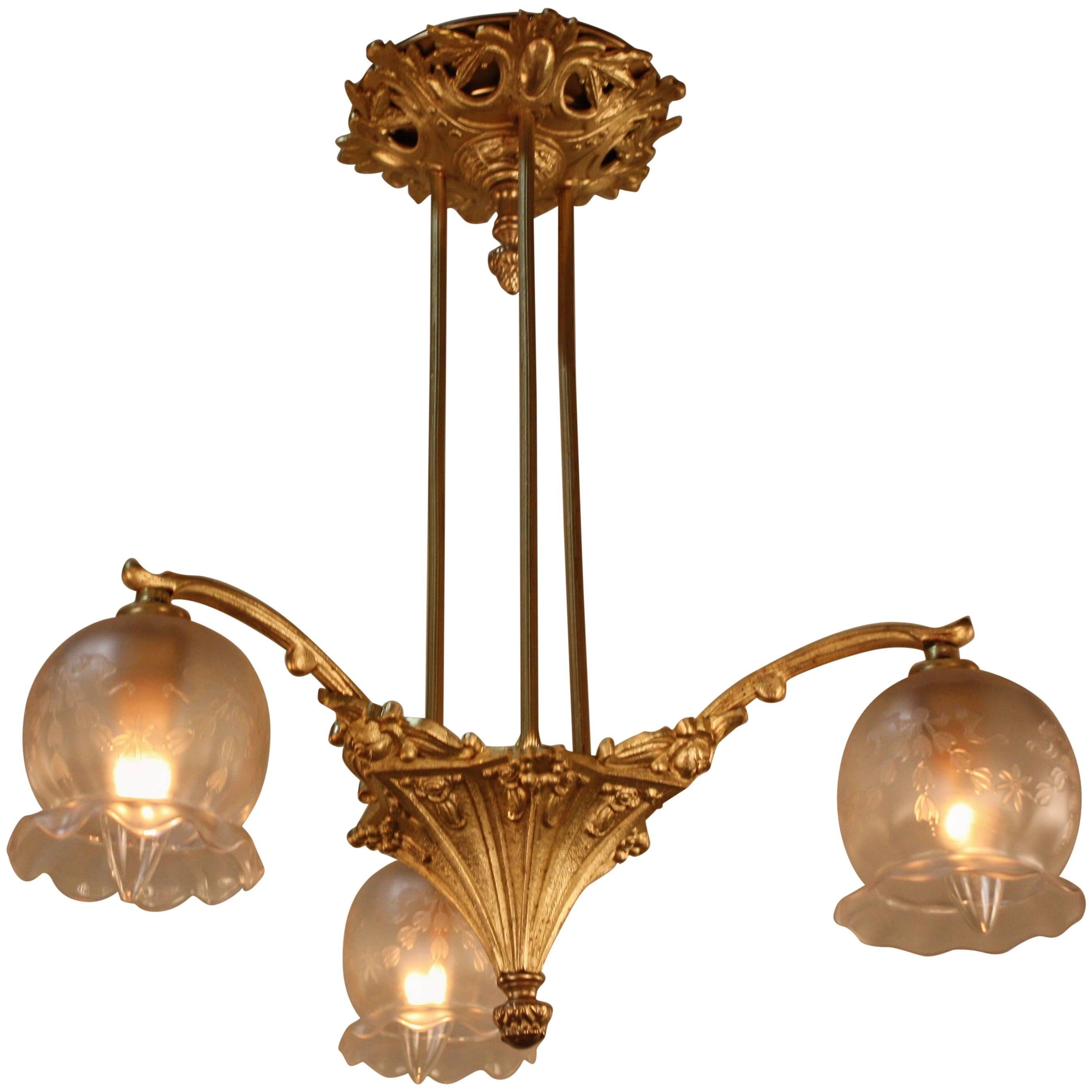 French, 1920s Bronze and Etched Glass Chandelier