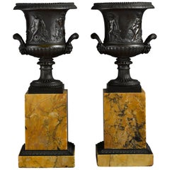 Antique Pair of Early 19th Century French Neoclassical Bronze Urn on Marble Pedestal