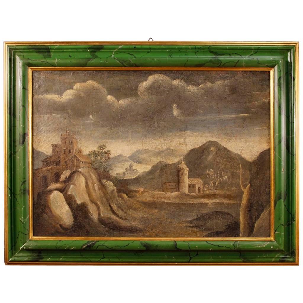 Italian Landscape with Architectures Painting Oil on Canvas, 18th Century